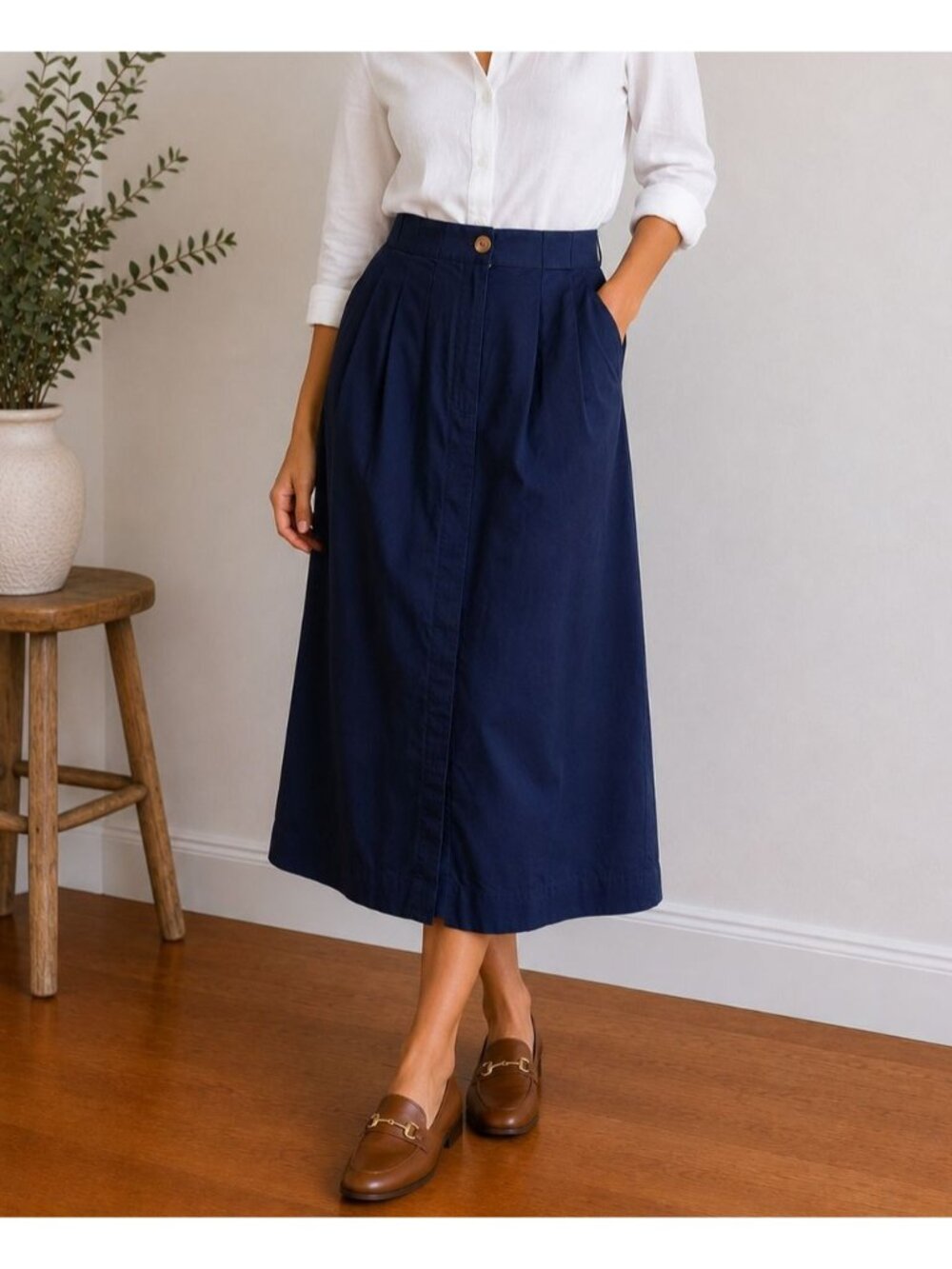 Vintage Chaus Navy Midi Skirt Minimalist Preppy Size 6